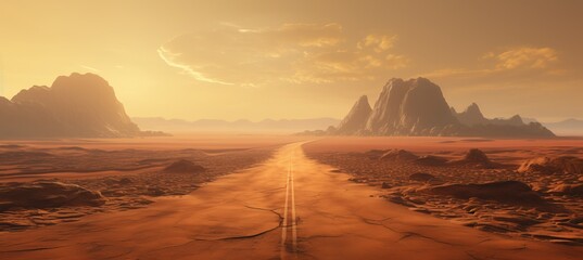 Panoramic view of a scenic sunrise over an asphalt highway road and majestic mountain landscape