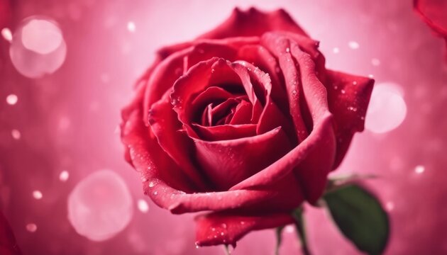 Red rose against a pink bokeh background.