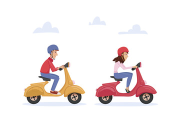 Young couple man and woman traveling on two motor scooters and enjoying time together
