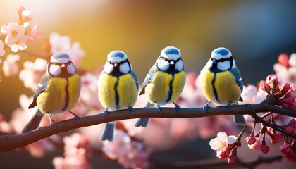 Colorful birds on cherry tree branch with blue tit birds adding vibrancy to spring background