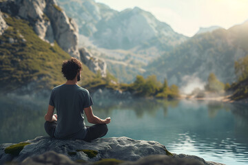Fototapeta premium a man is meditating with mindfulness among the peaceful natural environment
