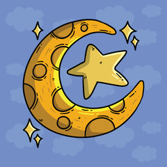 Crescent moon and star islamic cartoon vector illustration