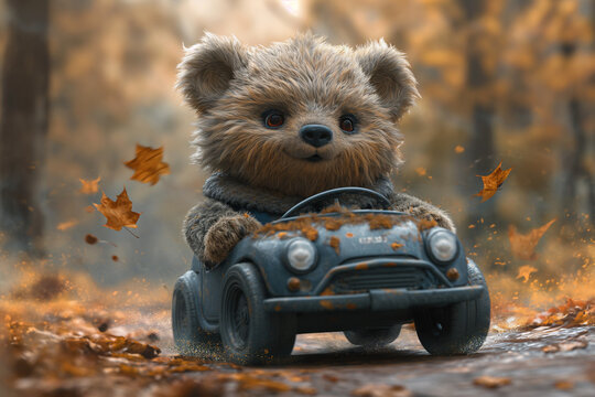Adorable Teddy Bear Embarks on a Scenic Autumn Drive in a Vintage Classic Car through the Woods