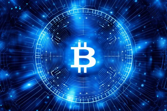 white b for bitcoin symbol on neon blue and dark black background. crypto currency, digital gold, network, peer to peer, blockchain, technology concept. futuristic money transaction background.