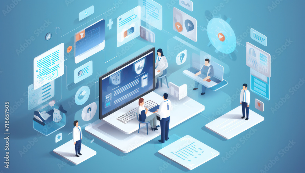 Wall mural digital business networking: creative isometric web design concept