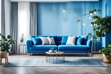 blue sofa and flowers in the modern living room