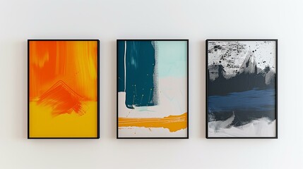 three abstract artworks in frames on a white wall, interior design