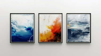 three abstract artworks in frames on a white wall, interior design