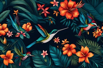Fototapeta na wymiar floral pattern with flowers and bird