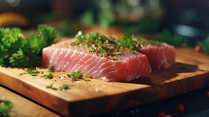 Foto op Plexiglas Fresh juicy tuna fillet steak on a wooden tray in the kitchen background. Created with Generative AI © Alpa