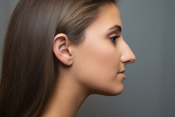 Side view of young woman with bumpy aquiline nose in front of gray background