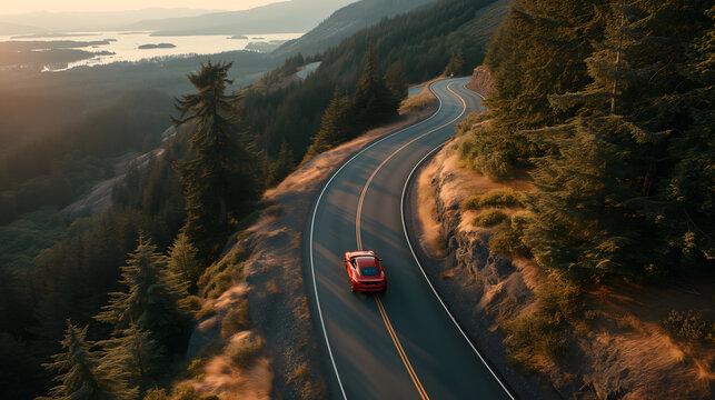 high-angle aerial shot capturing a sleek sports car cruising along a winding mountain road. The road is bordered by dense forests and overlooks a scenic valley