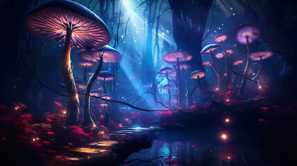 Fluorescent mushrooms in a magical forest