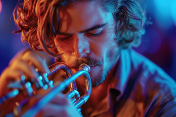 Musical performance, male musician playing trumpet on stage - obrazy, fototapety, plakaty