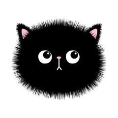 Black fluffy fur cat round sad face head silhouette icon. Cute cartoon funny baby pet character. Funny kawaii doodle animal. Sticker print. Flat design. White background. Isolated.