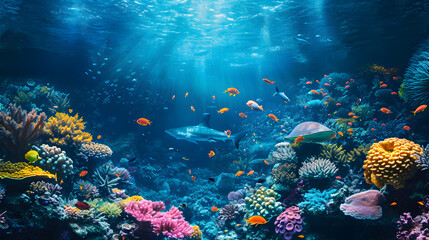 Naklejka na ściany i meble Underwater Scene With Coral Reef And Exotic Fishes, beautiful underwater scenery with various types of fish and coral reefs, colorful fish groups and sunny sky shining through clean sea water.