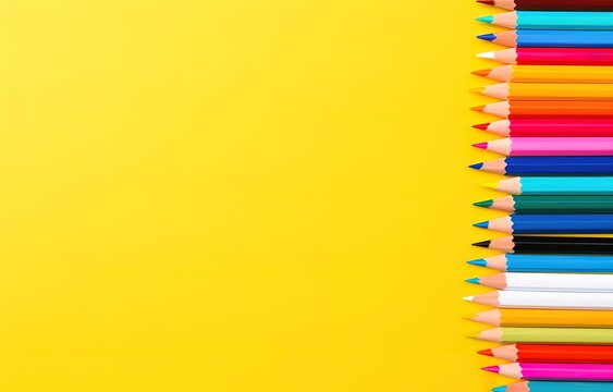 Row of colored pencils On a yellow background. generative AI