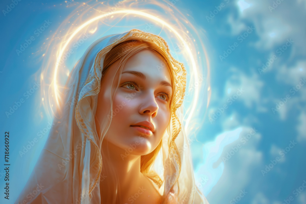 Wall mural portrait of mary with glowing colorful halo light around head - Wall murals