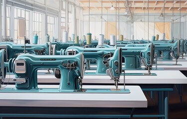 rows of blue sewing machines in a clothing factory. generative AI