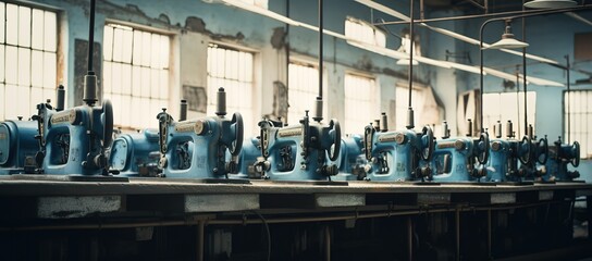 rows of blue sewing machines in a clothing factory. generative AI