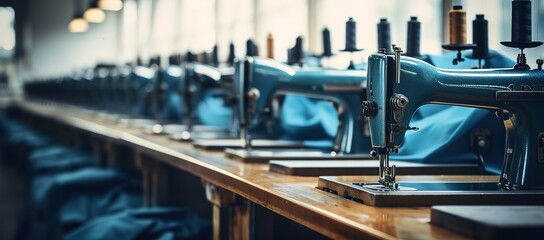 rows of blue sewing machines in a clothing factory. generative AI - obrazy, fototapety, plakaty