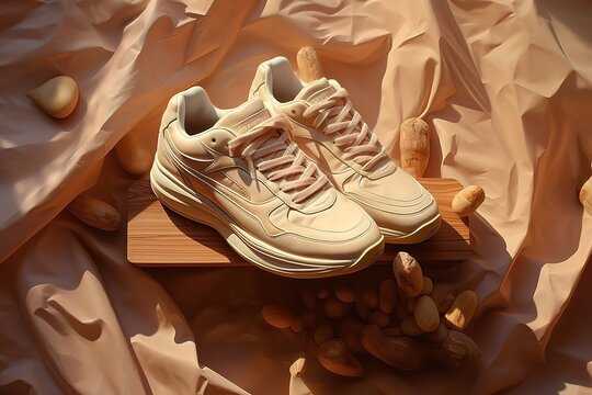 The cream colored shoes in the photo are on a light brown background. generative AI
