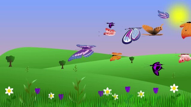 Spring environment animation with butterflies and fields, flat graphic cartoon background