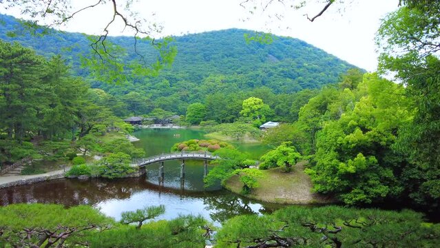 新緑が美しい回遊式の日本庭園  4K  香川県栗林公園の春の風景  2022年5月20日