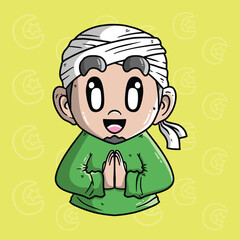 Cute muslim boy wearing islamic outfit cartoon vector illustration. Hand drawn vector illustration