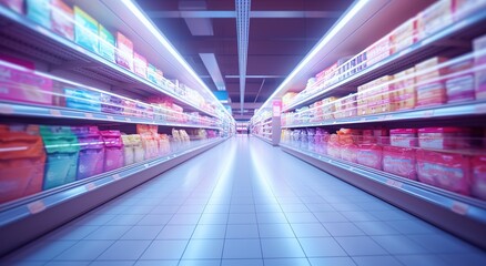 Supermarket photo with bright light and blur effect. generative AI