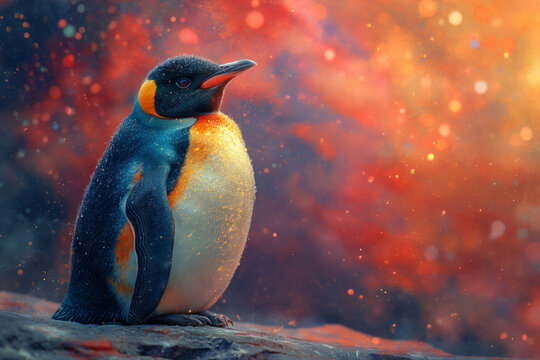 A Little Penguin in a Snowstorm Bathed in Orange and Pink Light with Falling Snowflakes