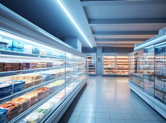 Obraz premium Photo of a supermarket selling various kinds of products with bright light and blur effect. generative AI