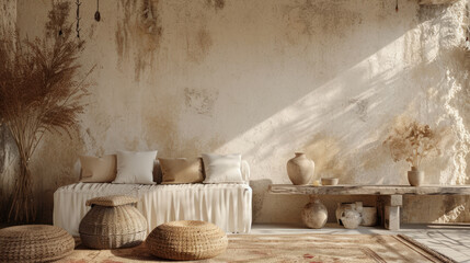 Fototapeta na wymiar Wall mockup in nomadic boho interior background with rustic decor, . Generative Ai