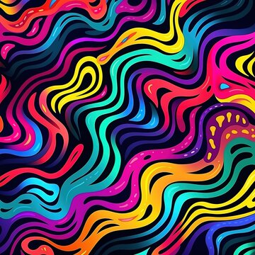 Seamless pattern of bright neon doodle lines. Creative artistic background in the style of the 90s. Trendy design with basic geometric wavy shapes. Psychedelic style. Generative Ai
