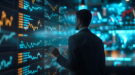 Obraz premium Businessman, investor, programmer using ai technology and robot for working business and trading stock, big data technology