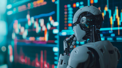 Fototapeta premium Businessman, investor, programmer using ai technology and robot for working business and trading stock, big data technology