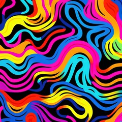 Fototapeta premium Seamless pattern of bright neon doodle lines. Creative artistic background in the style of the 90s. Trendy design with basic geometric wavy shapes. Psychedelic style. Generative Ai
