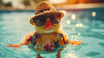Ducks dressed in a Hawaiian shirt, beach shorts, hat, sunglasses Paddling in inflatable kiddie pool, smiles, summer tones, bright rich colors, cinematic