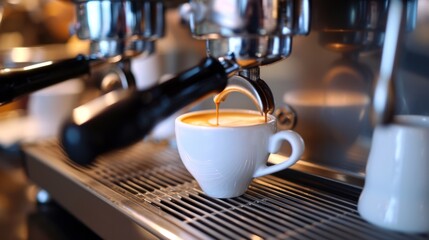 Closeup coffee machine with a cup of espresso. The process of making coffee.