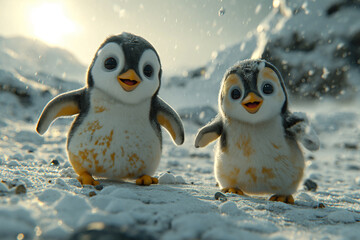 Two Playful Cartoon Penguins Frolicking in a Snowy Wonderland, Crafted with 3D Rendering Technology