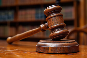 Law and justice concept. Close-up of a court gavel on a table indoors - obrazy, fototapety, plakaty