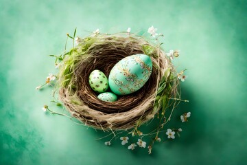 Elegant top view of a charmingly adorned Easter egg nestled in a nest on the side, against a gentle mint green background with a nest in fresh green tones.