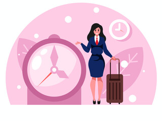 Business trip concept. Businesswoman with suitcase. Business trip concept. Background with big clock. Vector graphics