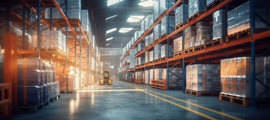 Blurred logistics background with busy retail warehouse shelves, cartons, pallets, and forklifts