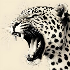 A roaring leopard drawn with pen and ink. Generative AI.