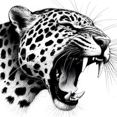 A roaring leopard drawn with pen and ink. Generative AI.