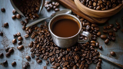 Naklejka premium Coffee composition with a cup of espresso. The process of making coffee.