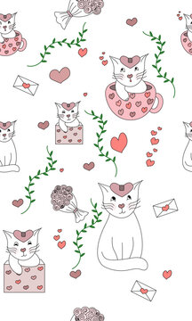 Pattern Musterbild mit Katzen und Herzen zum Valentinstag mit Liebe
