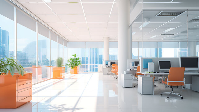 Orange and white office interior with reception desk and computers.