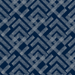 Seamless textured geometric pattern. Light grey ornament on a dark blue background. - 718669123